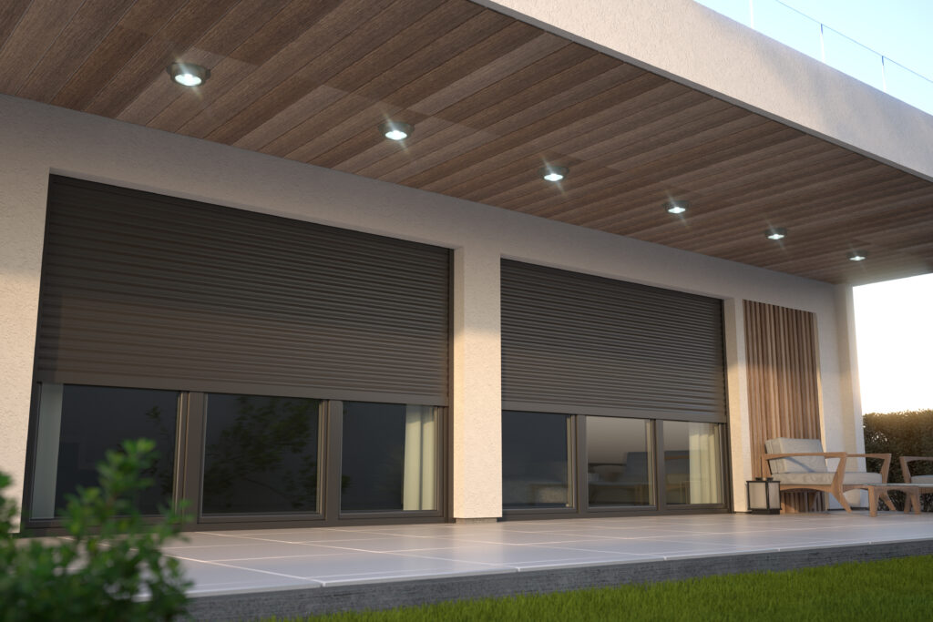 Roll-down metal shutters on house